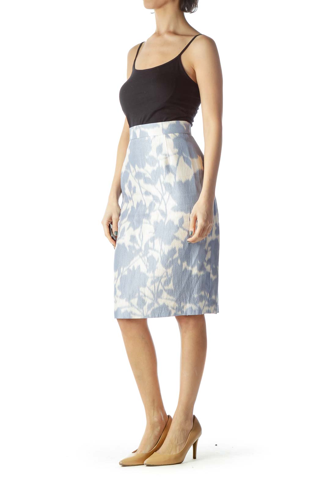 Blue Print Silk Pencil Skirt