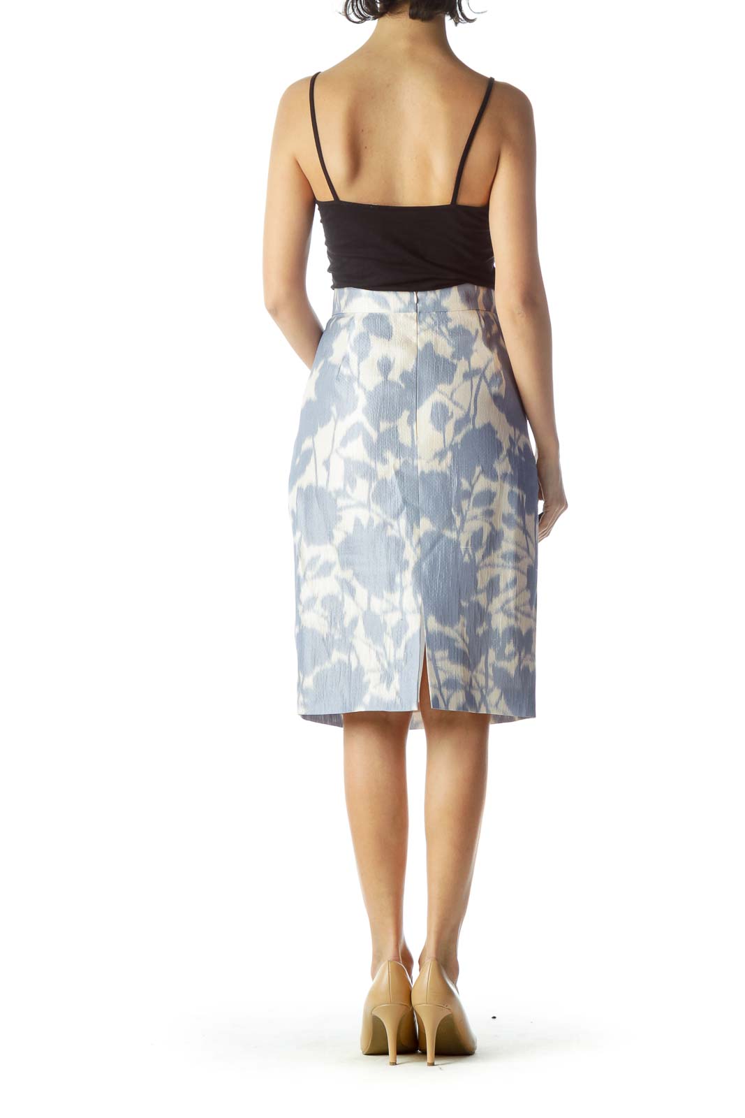 Blue Print Silk Pencil Skirt