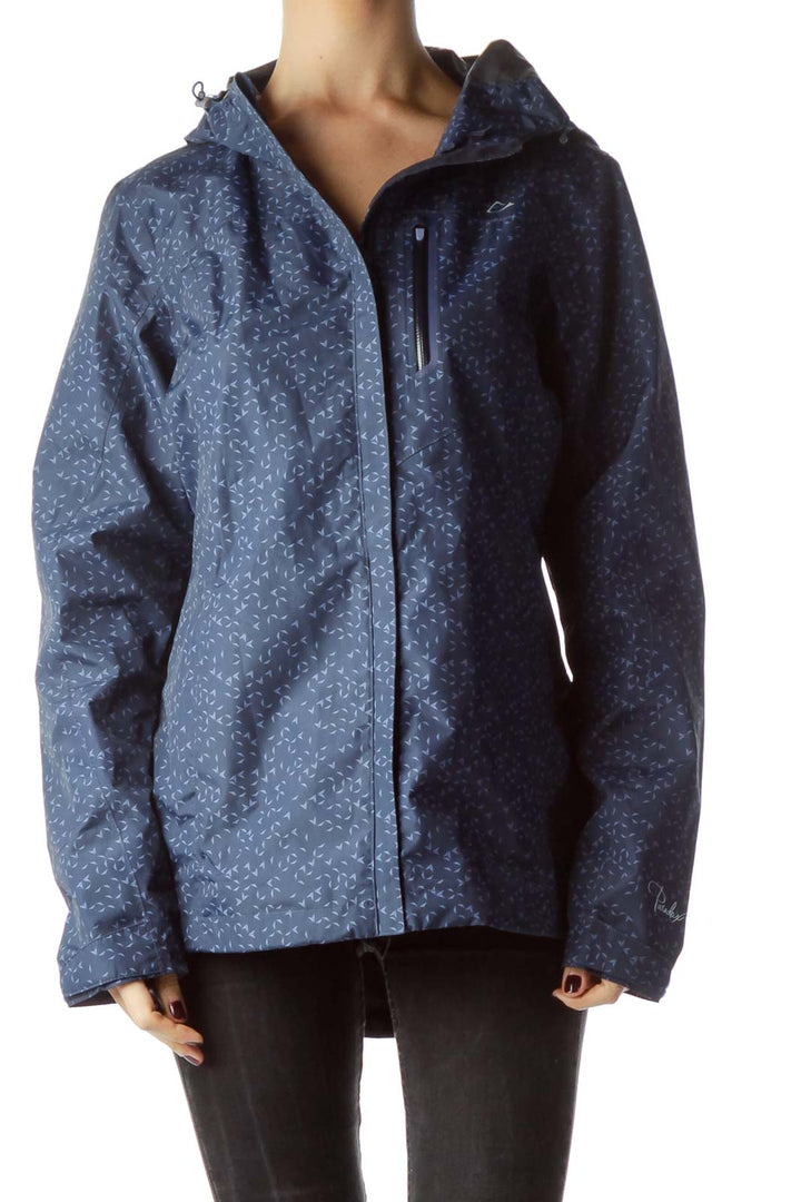 Blue Geometric Print Hooded Rain Jacket