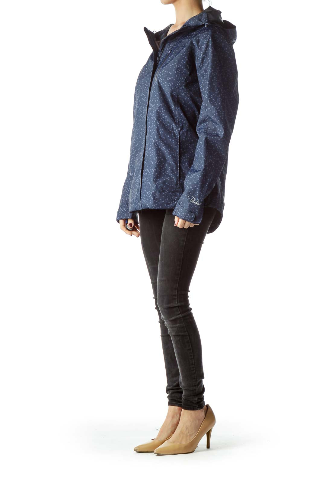 Blue Geometric Print Hooded Rain Jacket