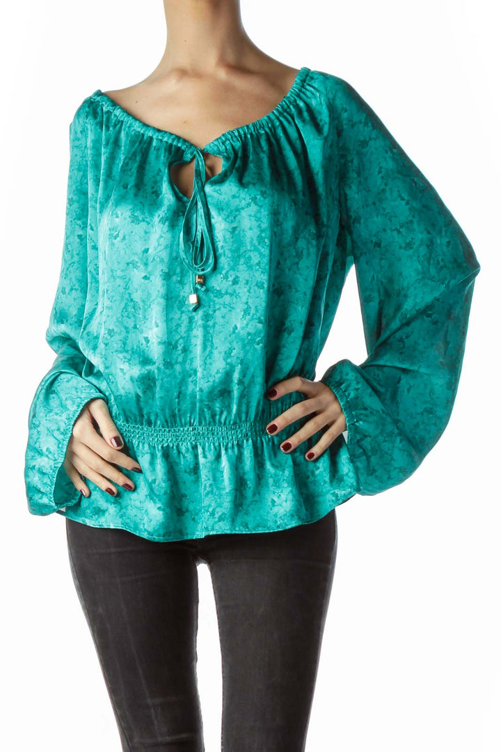 Teal Blue Water Print Open Neck Flared Top