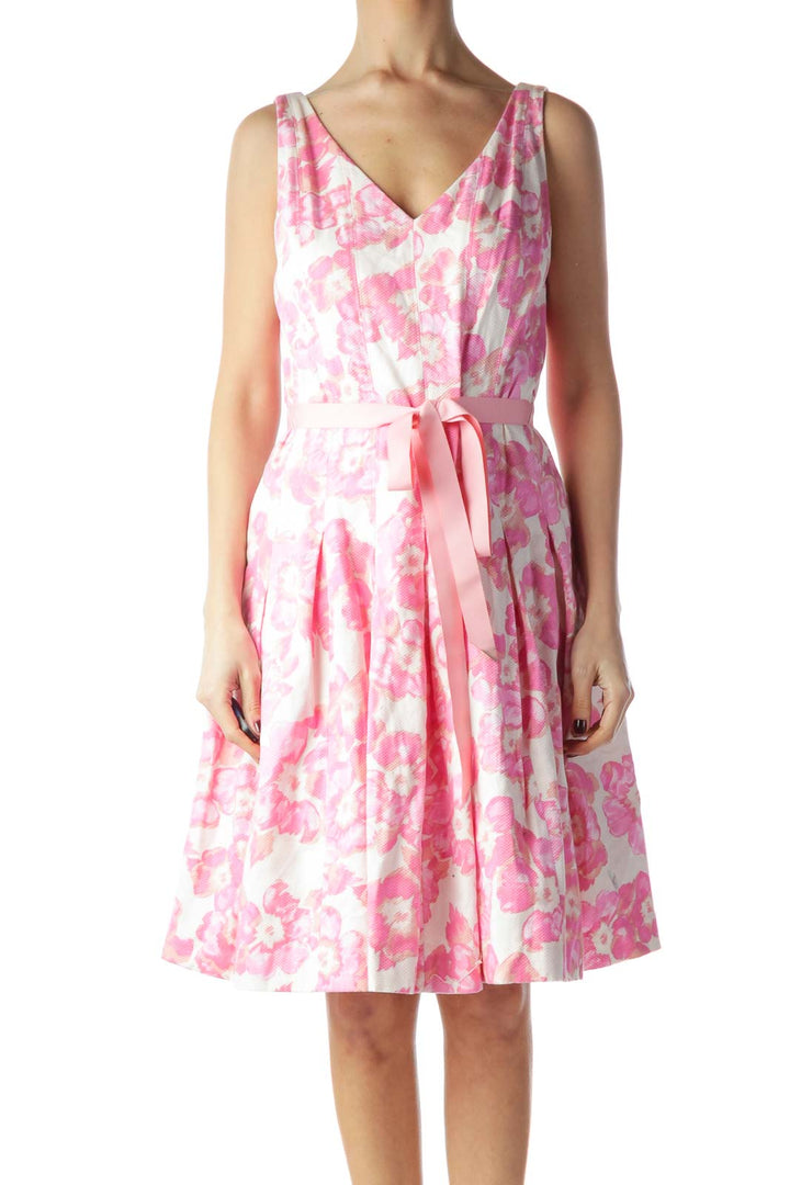 Pink Floral Print Belted Lower Pouf Dress