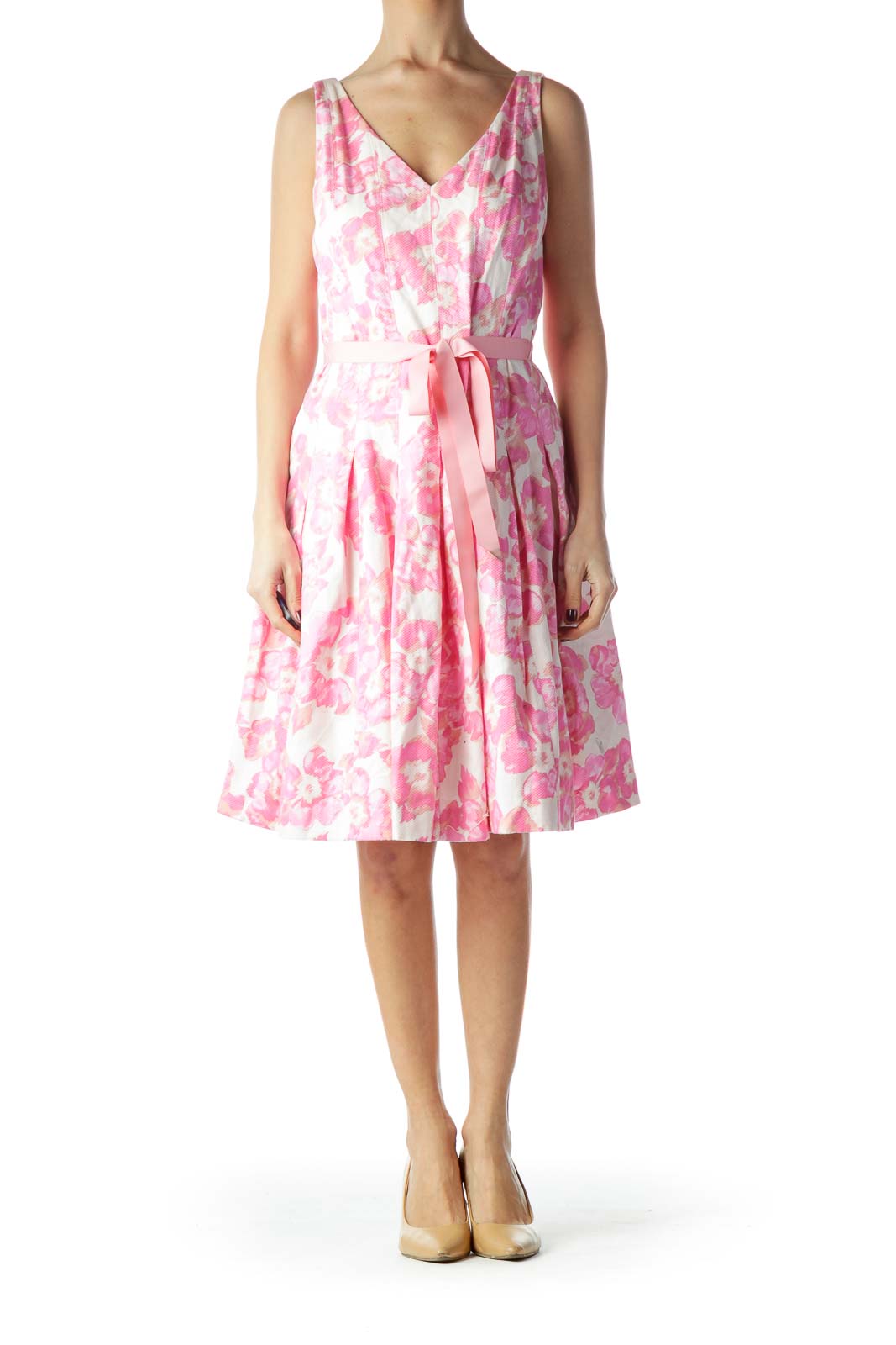 Pink Floral Print Belted Lower Pouf Dress