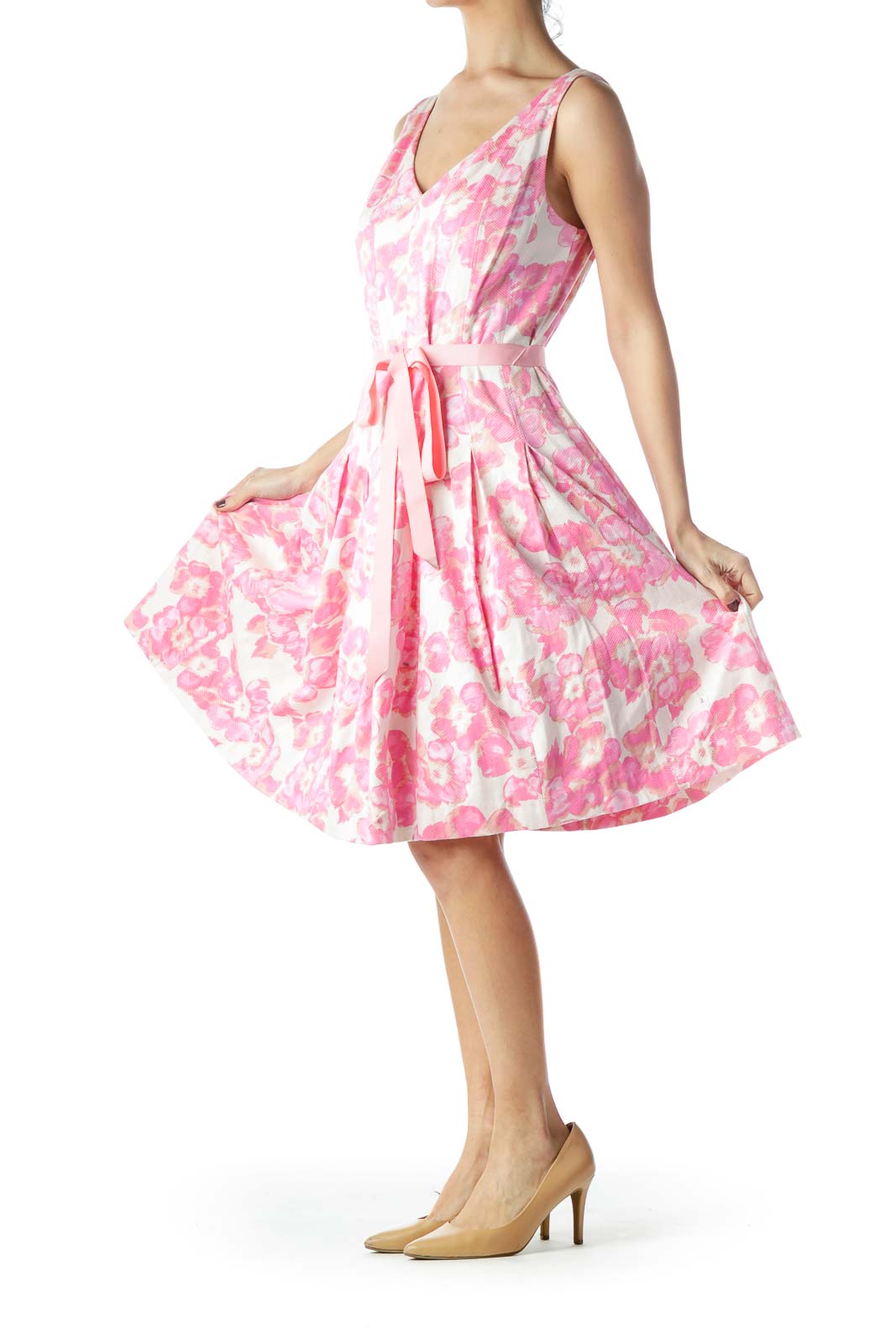 Pink Floral Print Belted Lower Pouf Dress