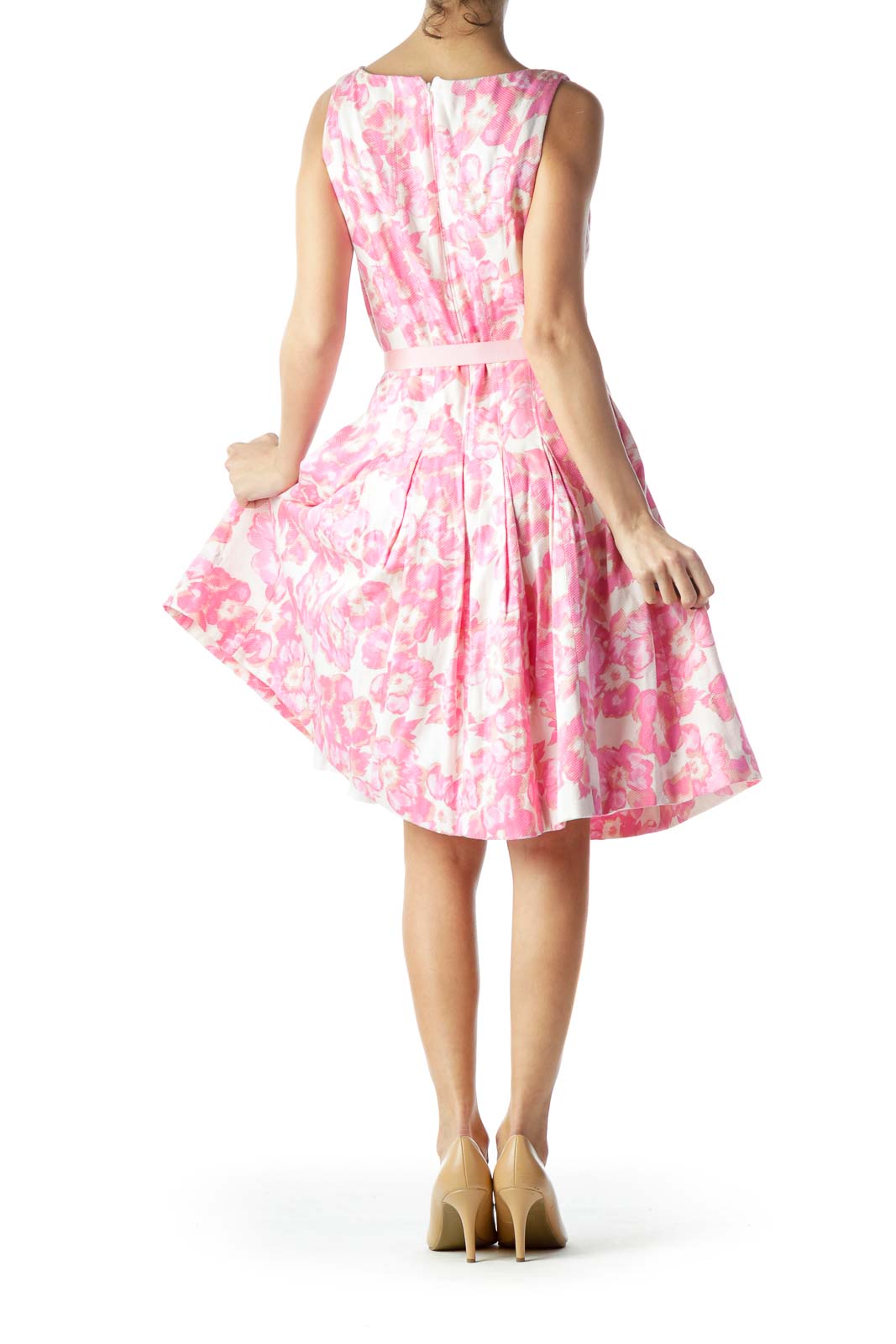 Pink Floral Print Belted Lower Pouf Dress