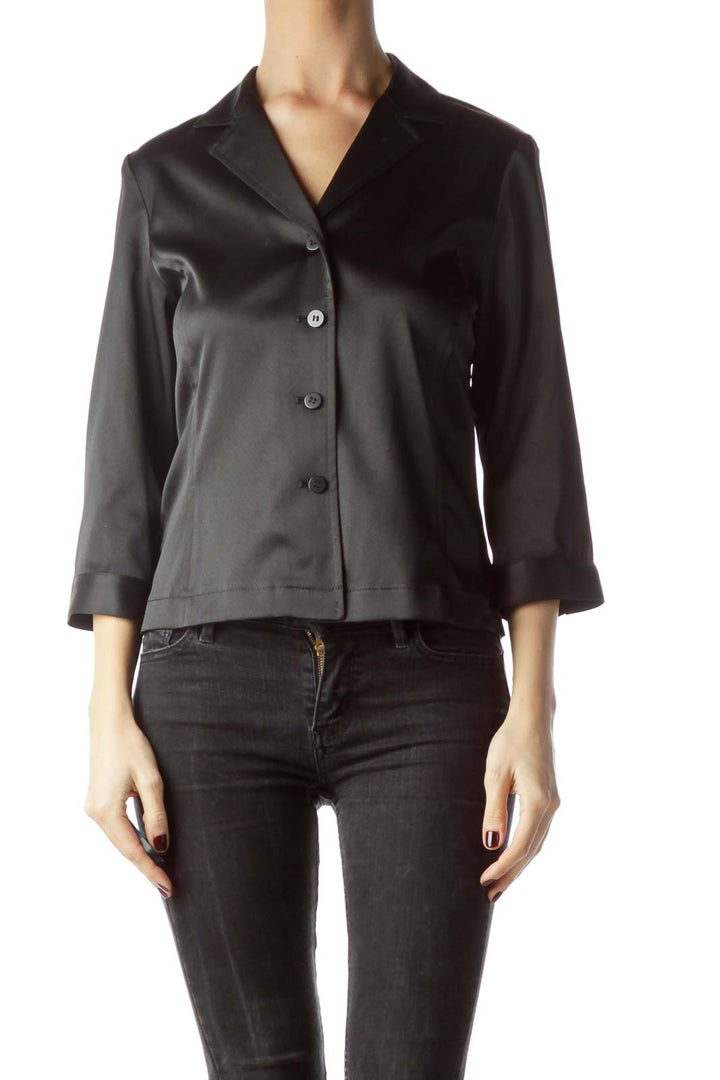 Black Collared Shiny Buttoned Stretch Shirt