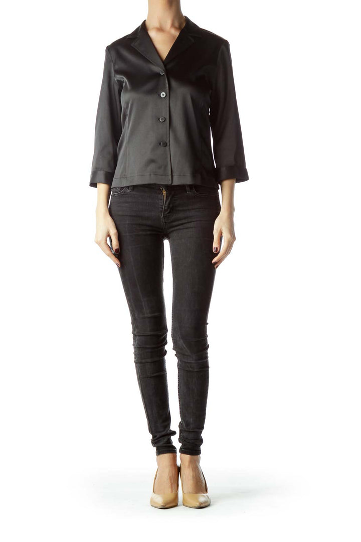 Black Collared Shiny Buttoned Stretch Shirt