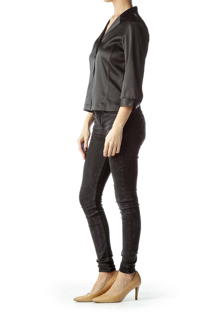 Black Collared Shiny Buttoned Stretch Shirt