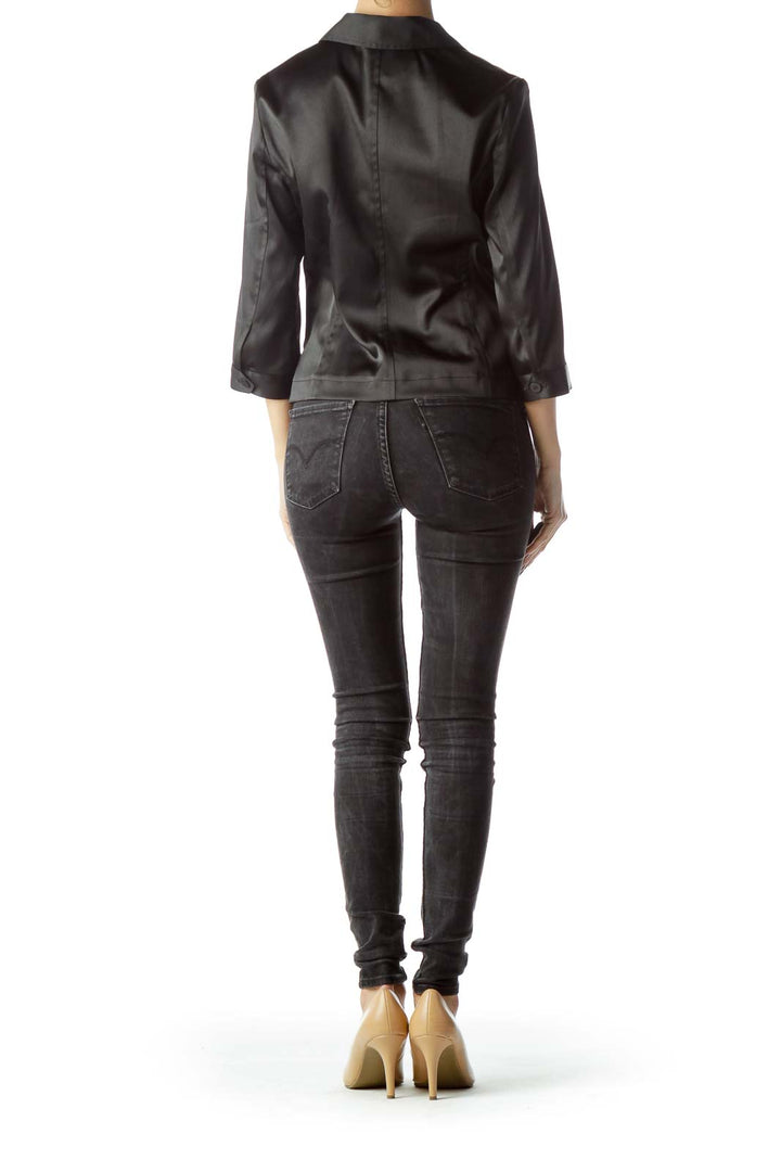 Black Collared Shiny Buttoned Stretch Shirt