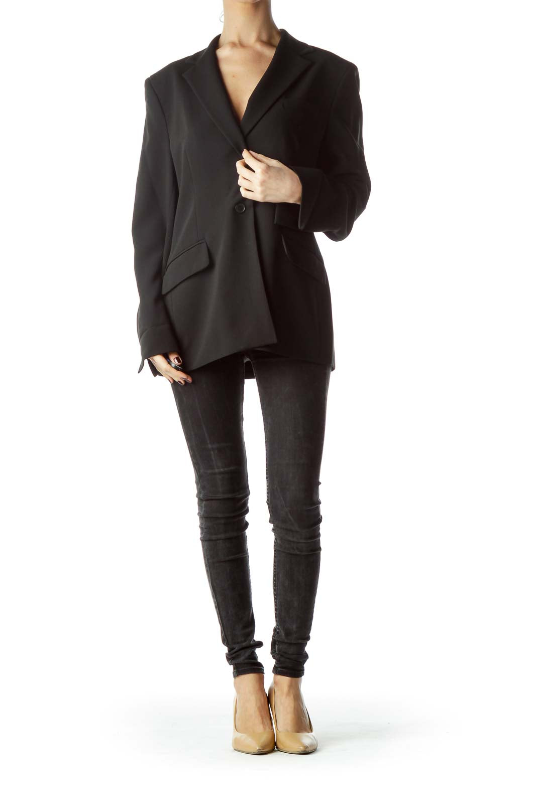 Black Collared Pocketed Cuffed Sleeves Blazer