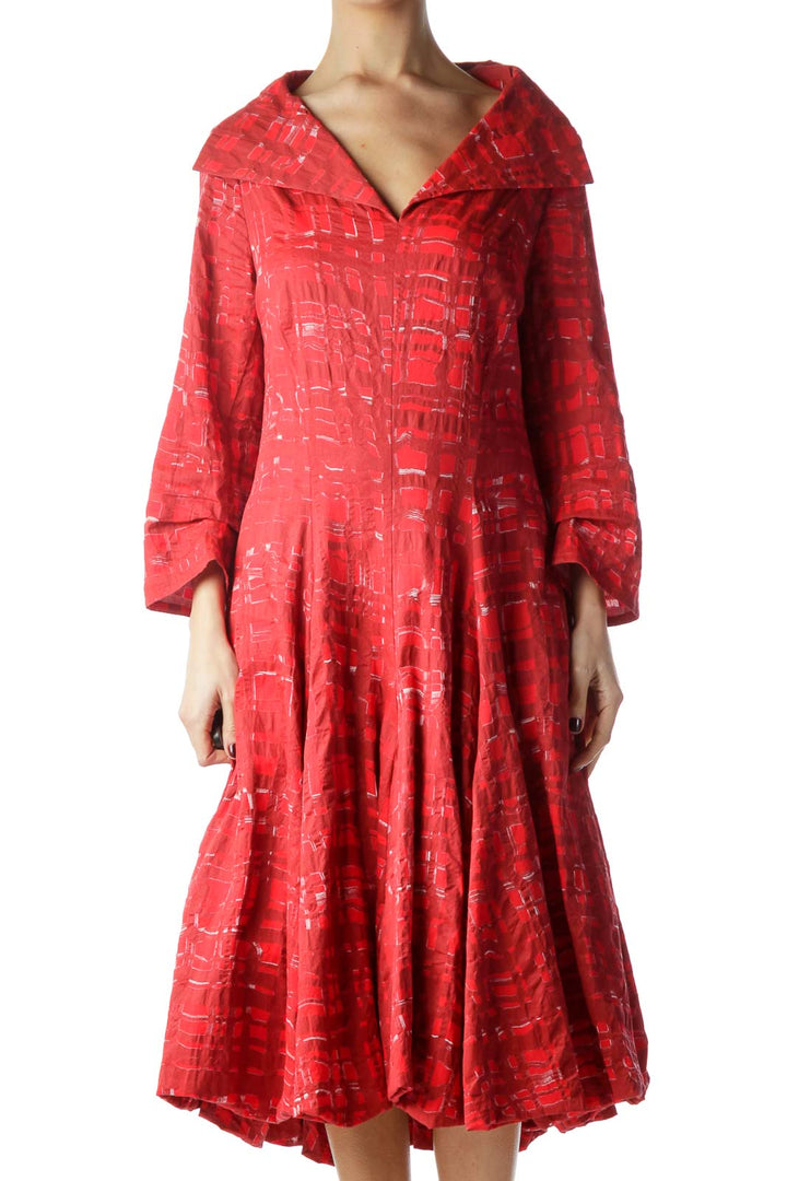 Red Printed Collared Long Sleeve Dress