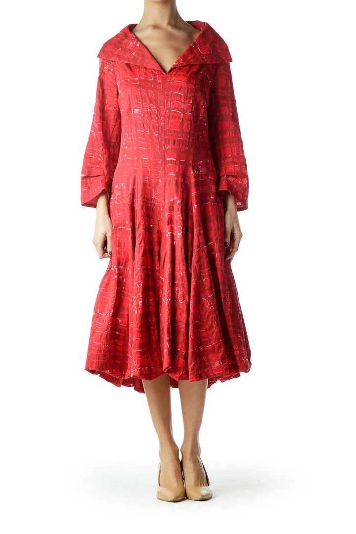 Red Printed Collared Long Sleeve Dress