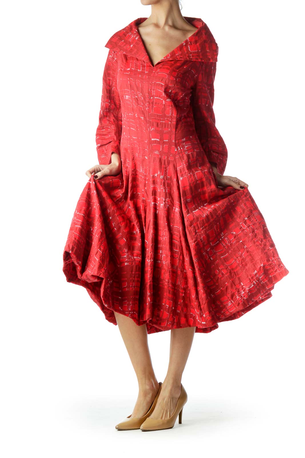 Red Printed Collared Long Sleeve Dress