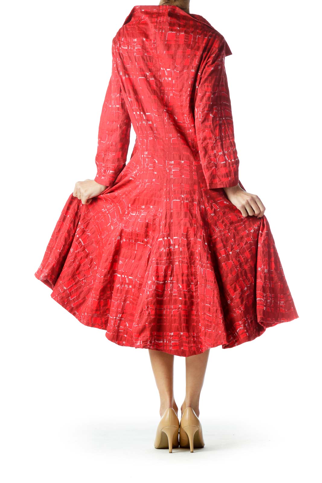 Red Printed Collared Long Sleeve Dress