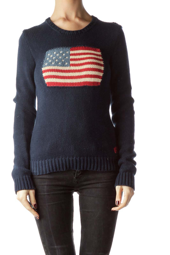 Navy Blue 100% Cotton Knitted Flag Sweater