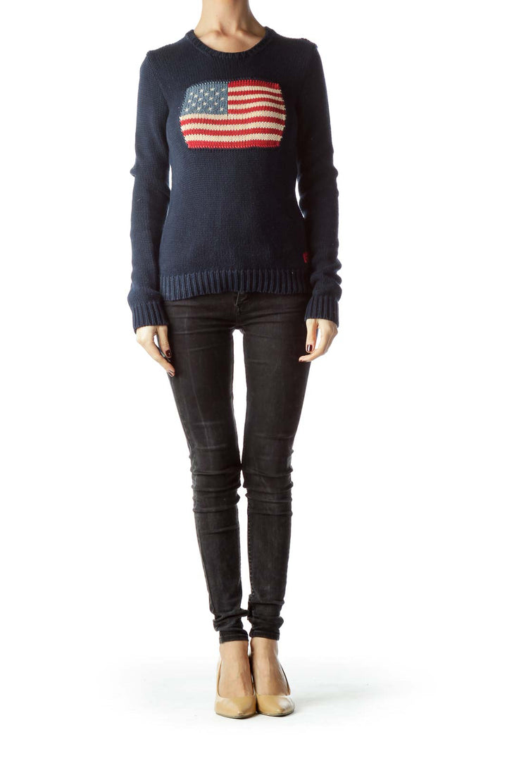 Navy Blue 100% Cotton Knitted Flag Sweater