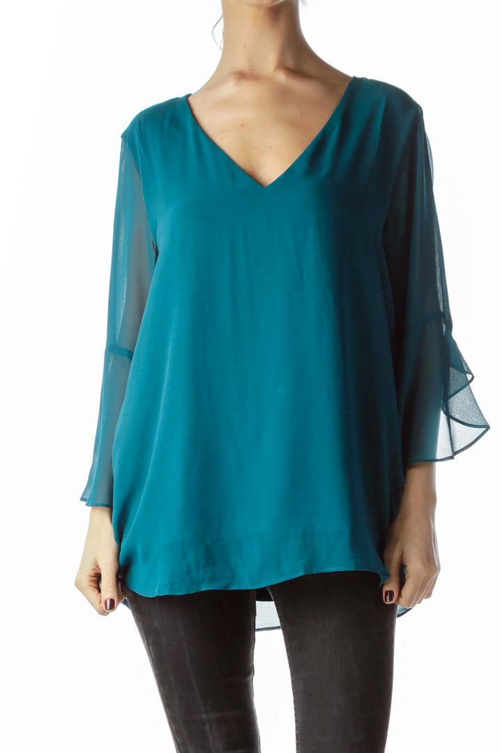 Teal Blue V-Neck Flared Blouse