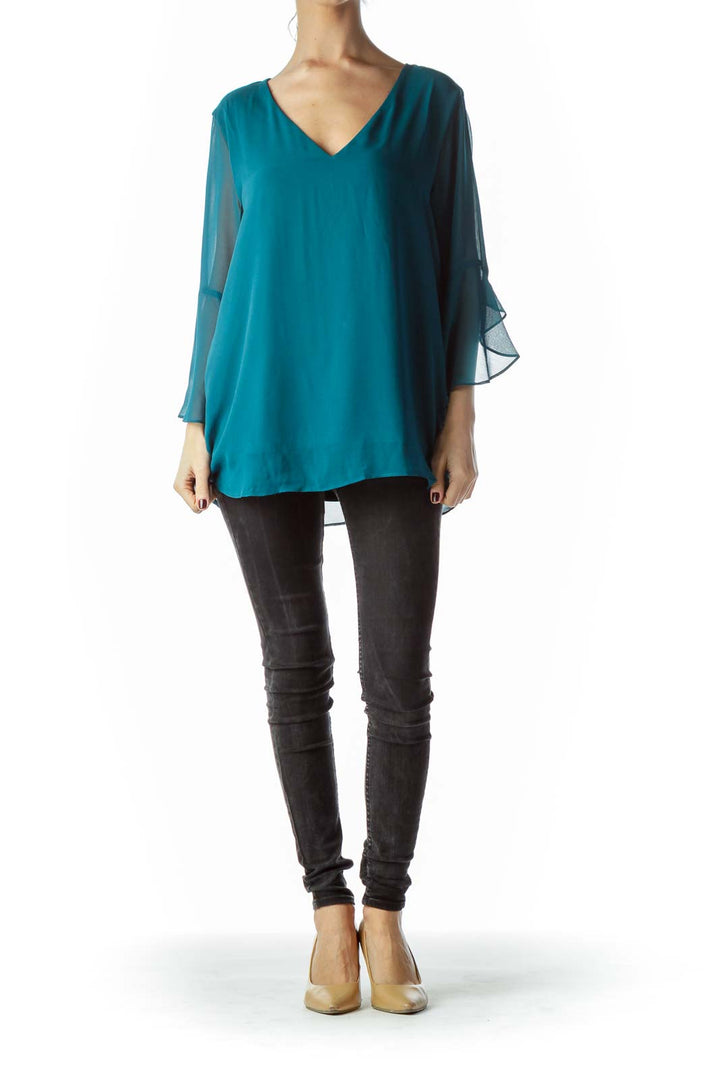 Teal Blue V-Neck Flared Blouse