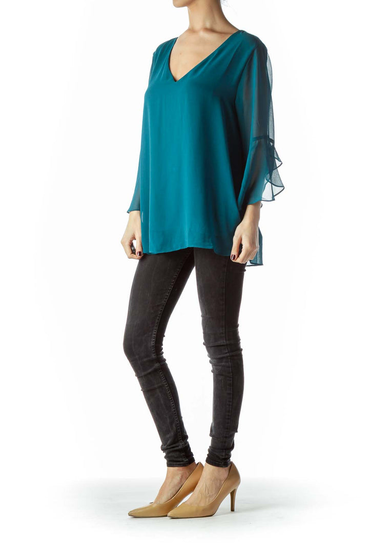 Teal Blue V-Neck Flared Blouse