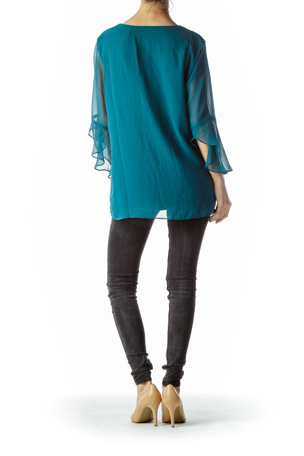 Teal Blue V-Neck Flared Blouse