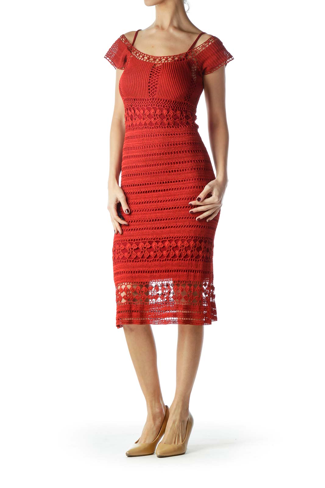 Red Short Sleeve Crochet Dress with Slip