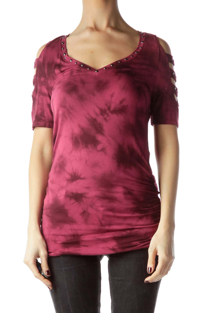 Burgundy Studded Water Print Jersey-Knit Top