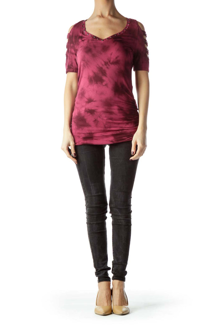 Burgundy Studded Water Print Jersey-Knit Top