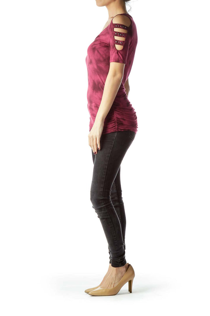 Burgundy Studded Water Print Jersey-Knit Top