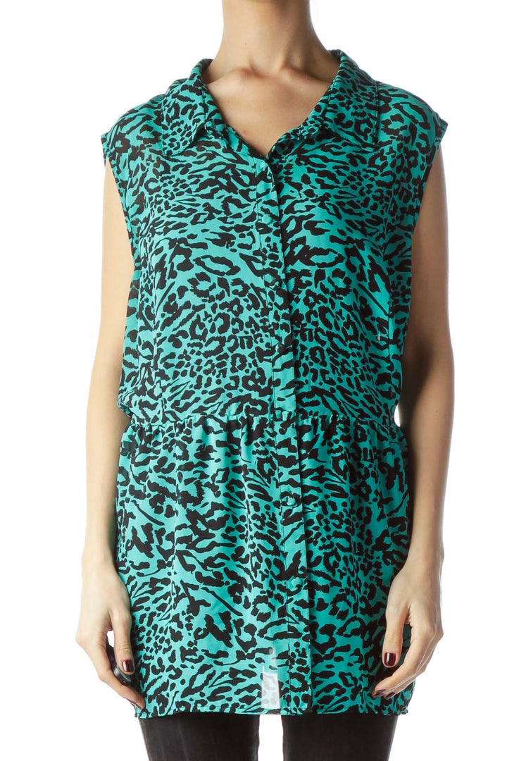 Mint Green Black Animal Print Flared Blouse