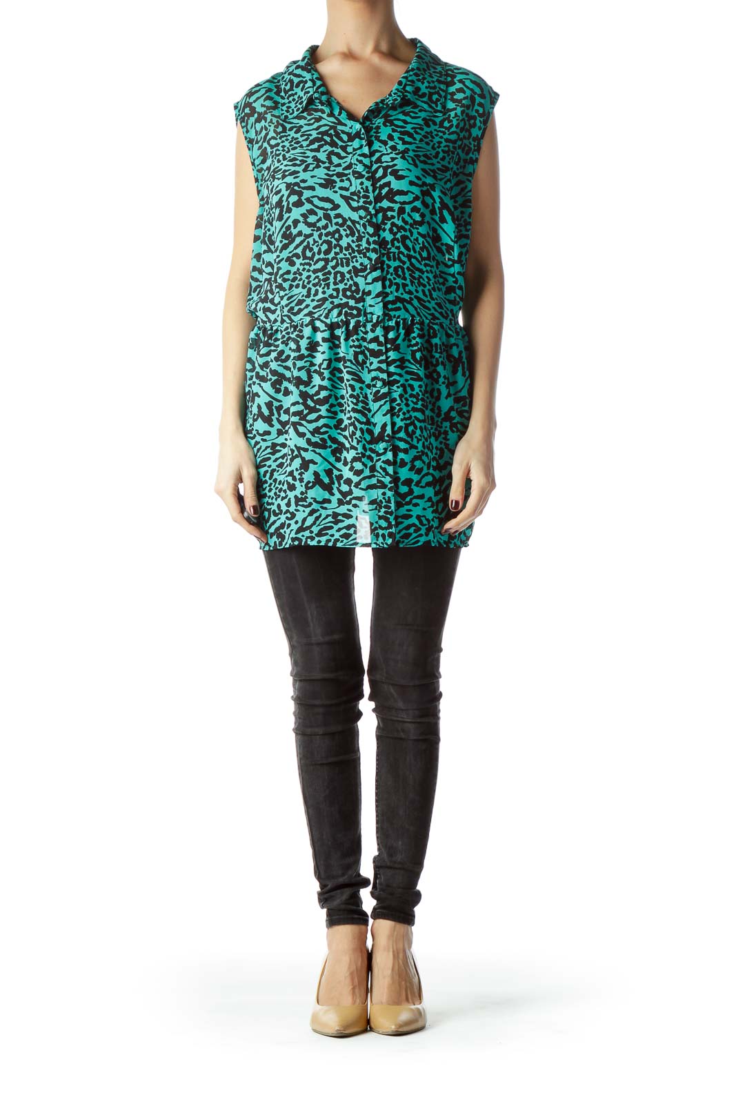 Mint Green Black Animal Print Flared Blouse