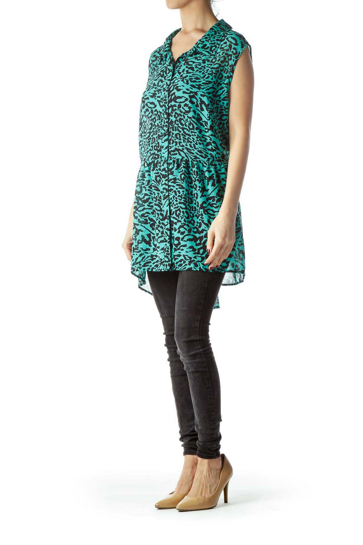 Mint Green Black Animal Print Flared Blouse