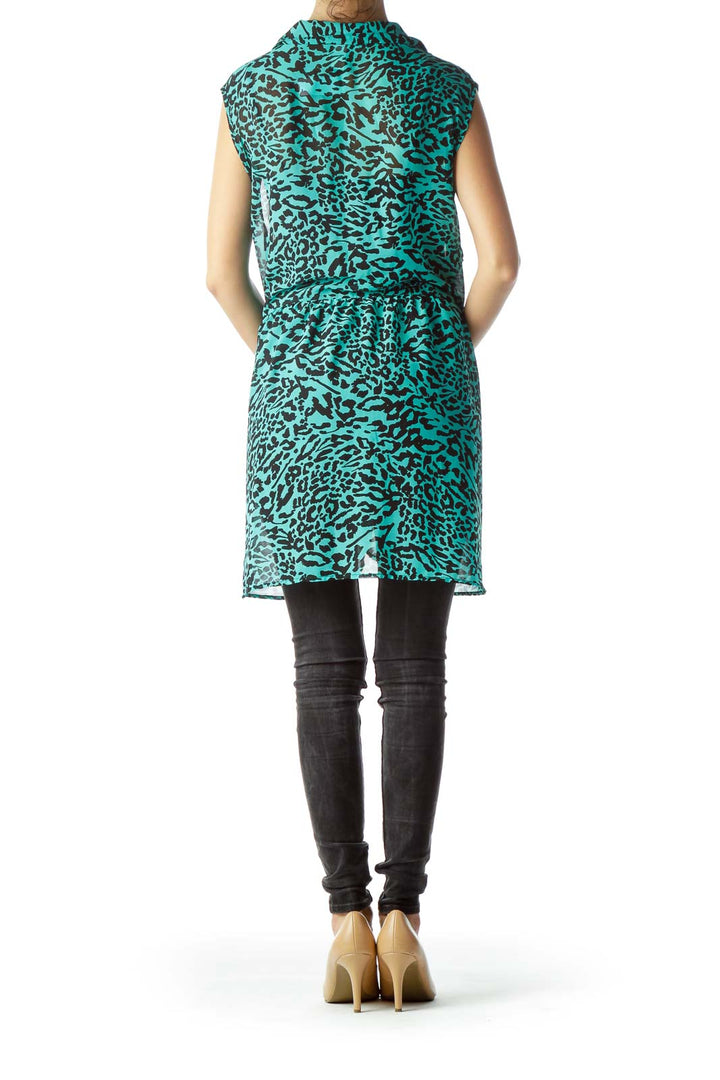 Mint Green Black Animal Print Flared Blouse