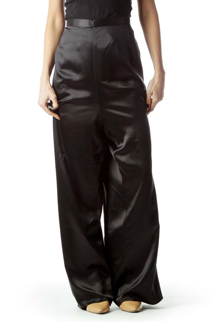 Black Shiny Zippered 100% Silk Pants