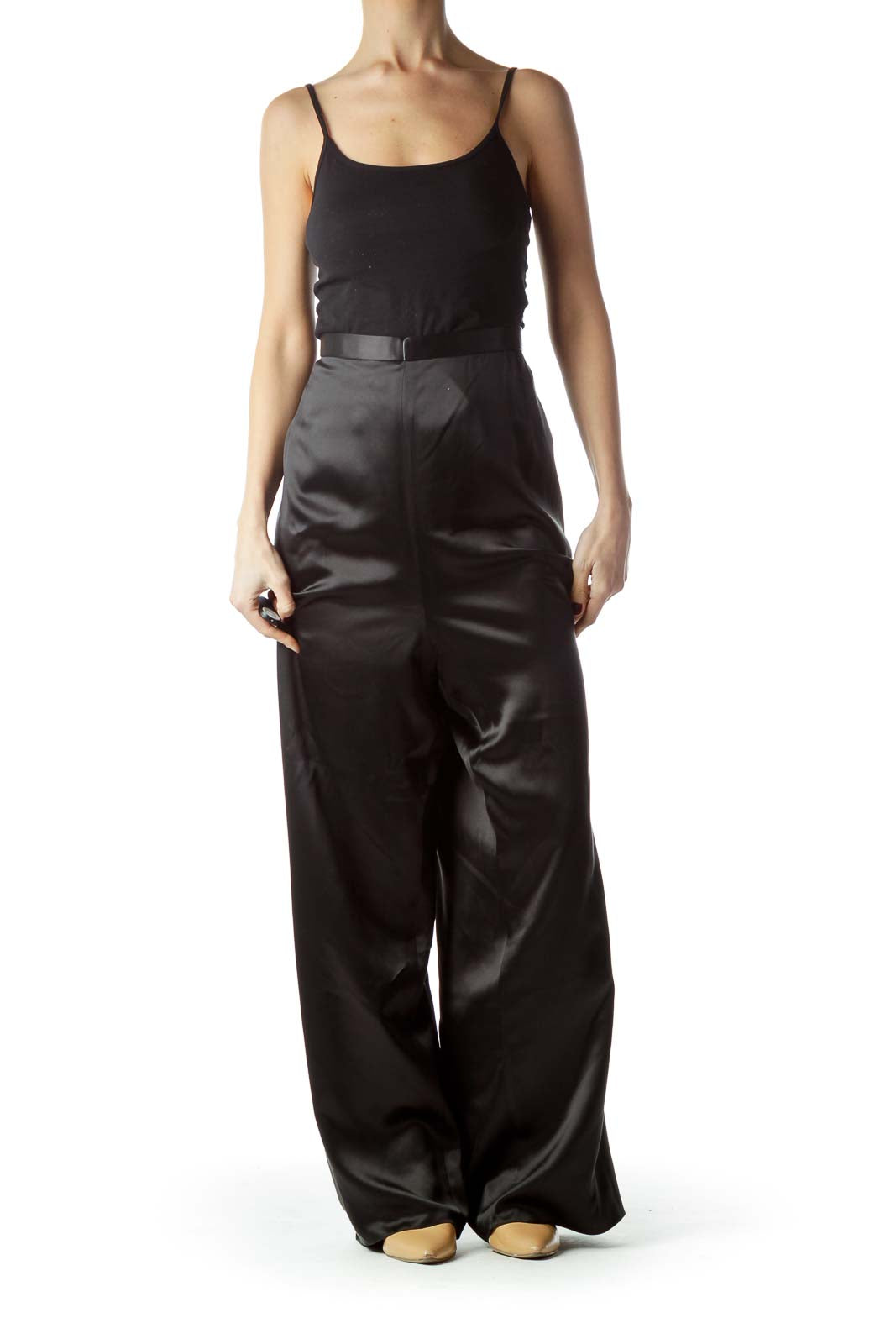 Black Shiny Zippered 100% Silk Pants