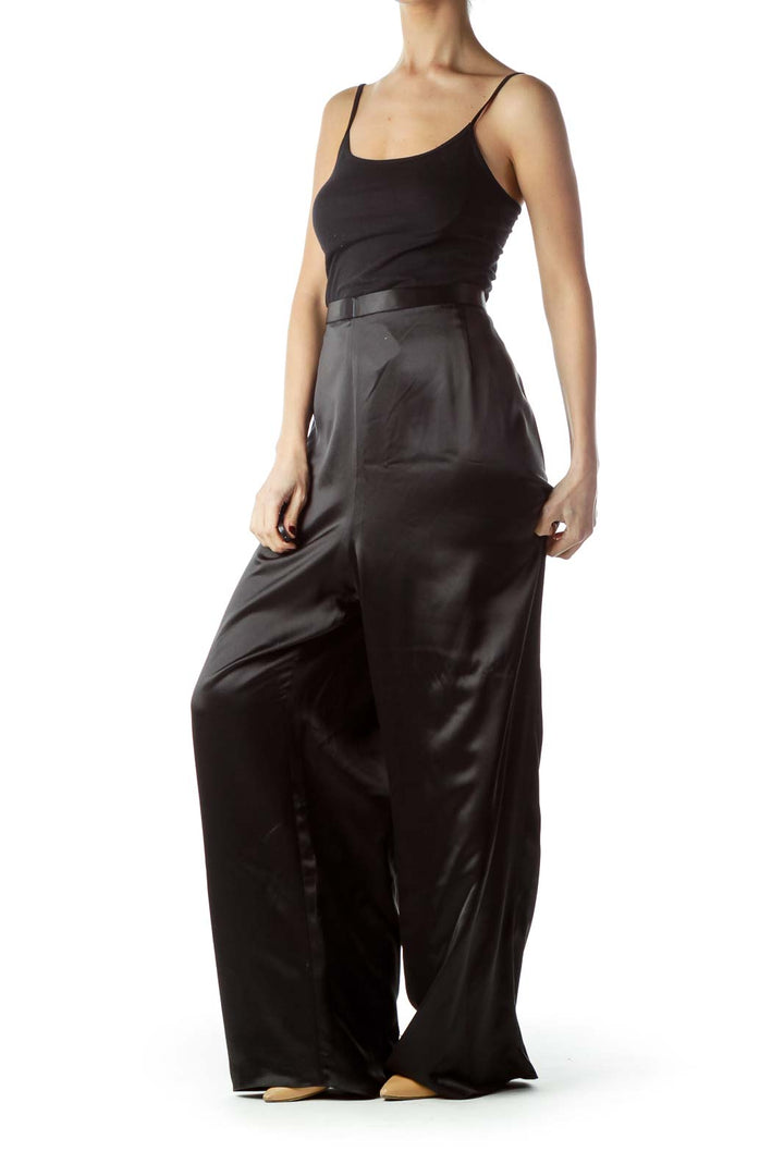 Black Shiny Zippered 100% Silk Pants