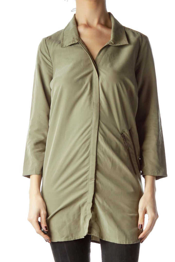 Army Green Long Shirt with Zipper Accents