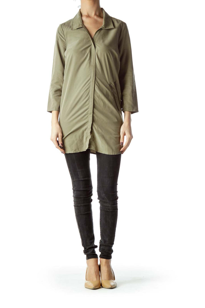 Army Green Long Shirt with Zipper Accents