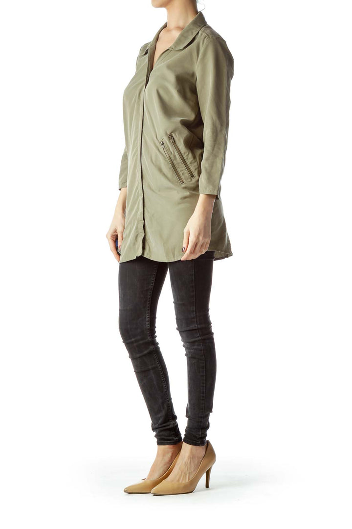 Army Green Long Shirt with Zipper Accents