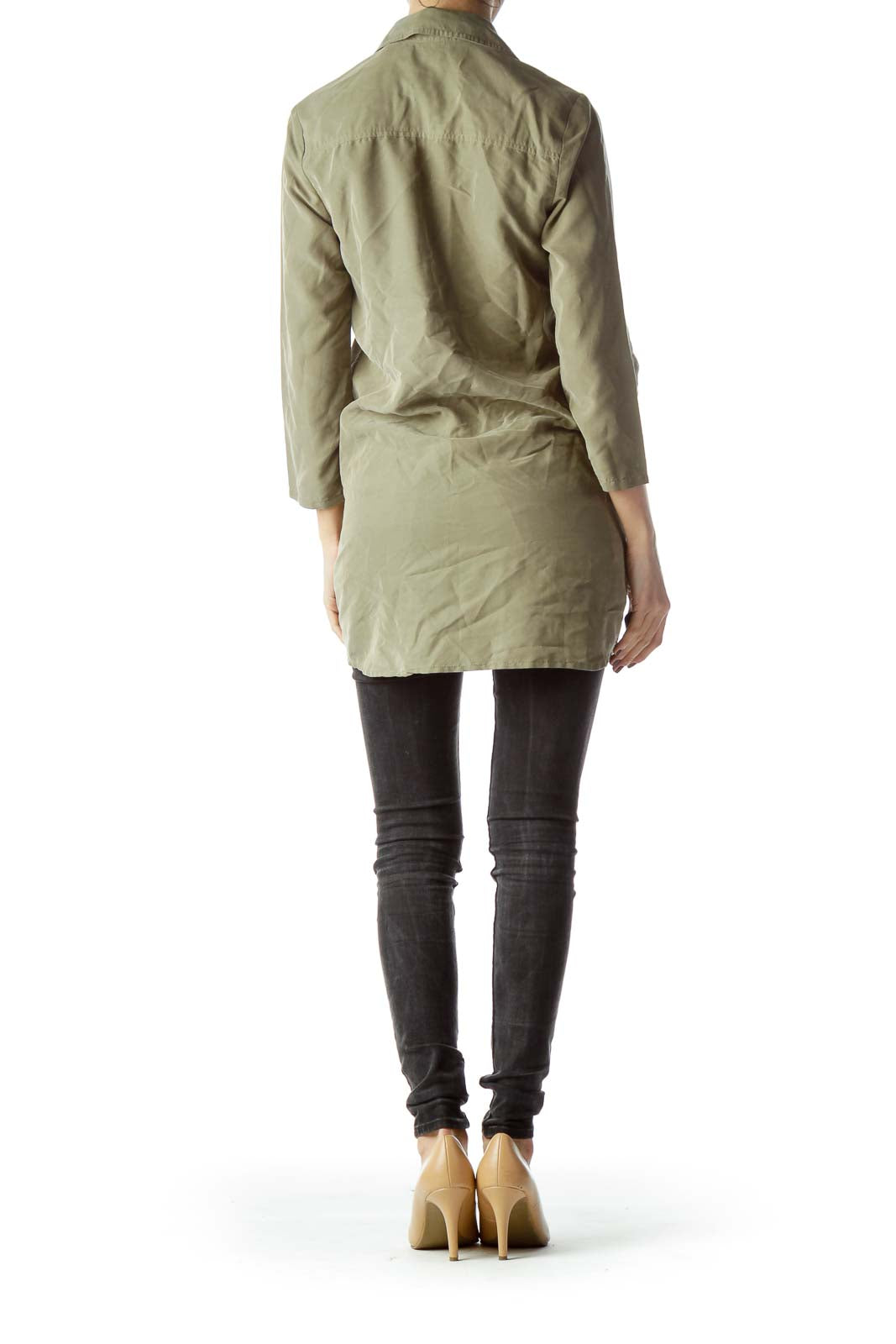 Army Green Long Shirt with Zipper Accents