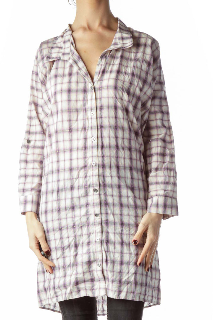 Purple Gold Thread Plaid Buttoned Long Shirt