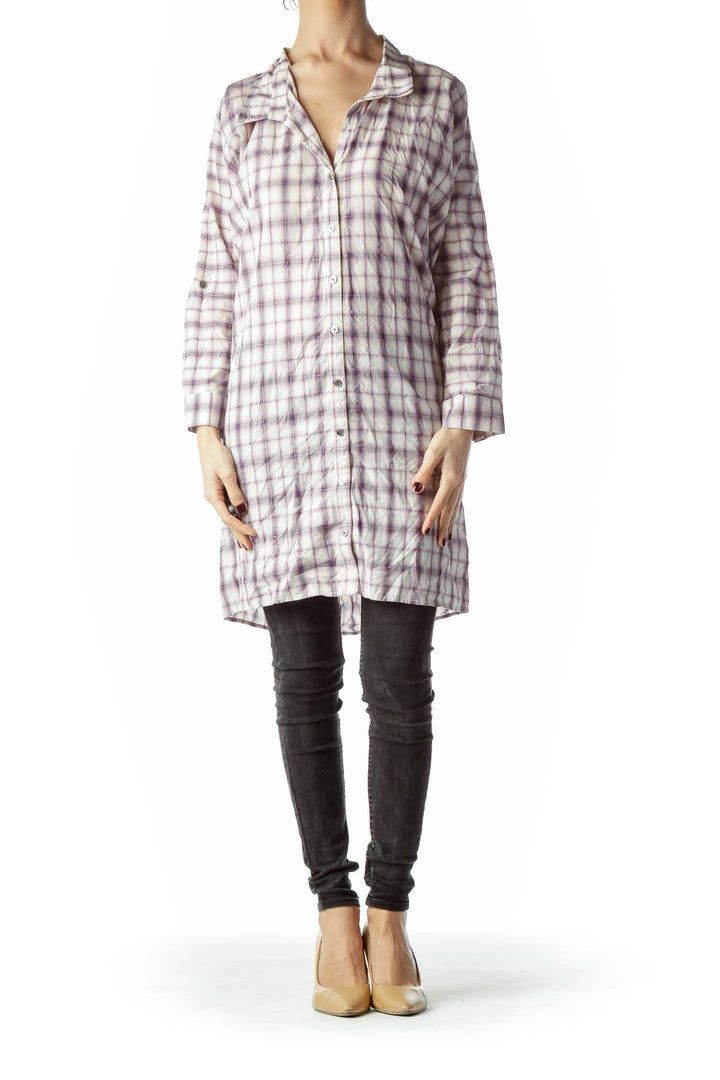 Purple Gold Thread Plaid Buttoned Long Shirt