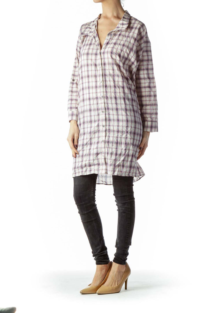 Purple Gold Thread Plaid Buttoned Long Shirt