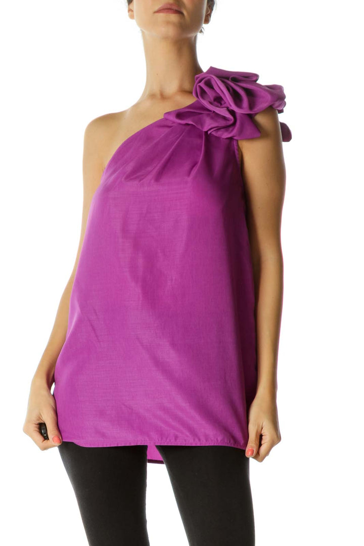 Purple One-Shoulder Flower Shift Blouse