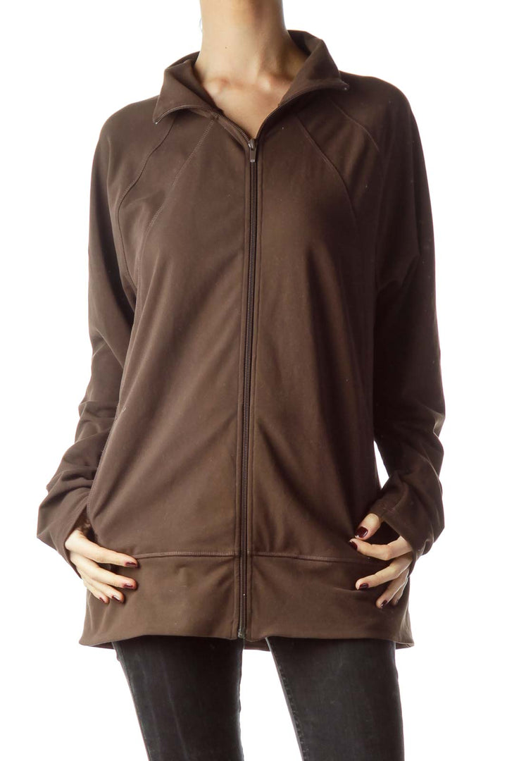 Brown Zippered Pocketed High-Neck Jacket