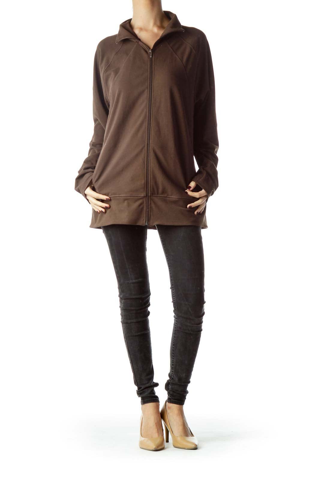 Brown Zippered Pocketed High-Neck Jacket