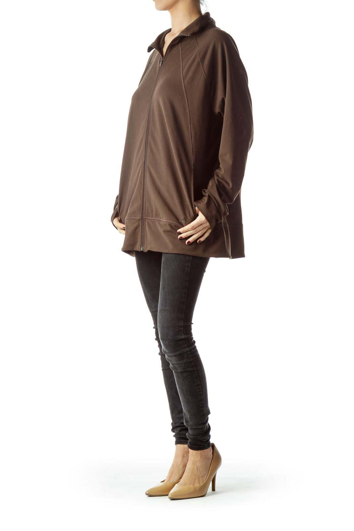 Brown Zippered Pocketed High-Neck Jacket