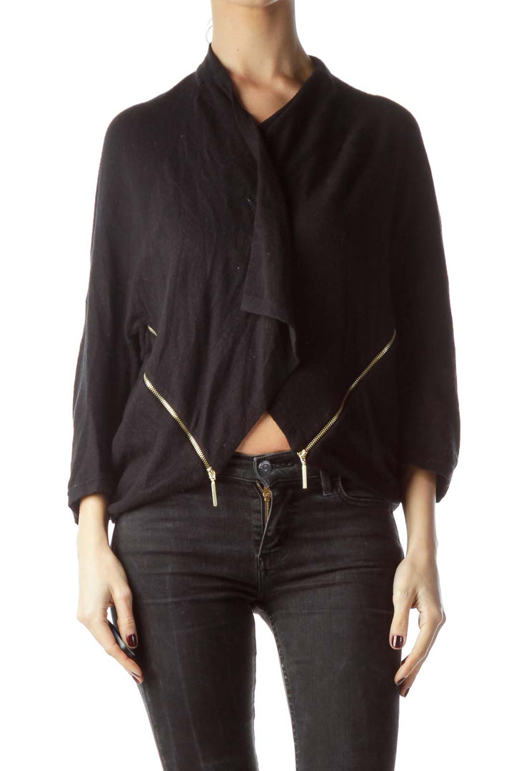 Black Knit Zipper Accents Waterfall Cardigan