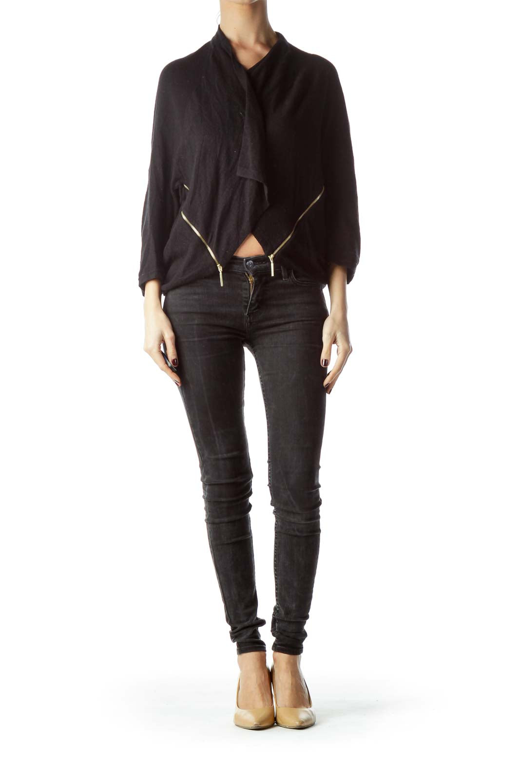 Black Knit Zipper Accents Waterfall Cardigan