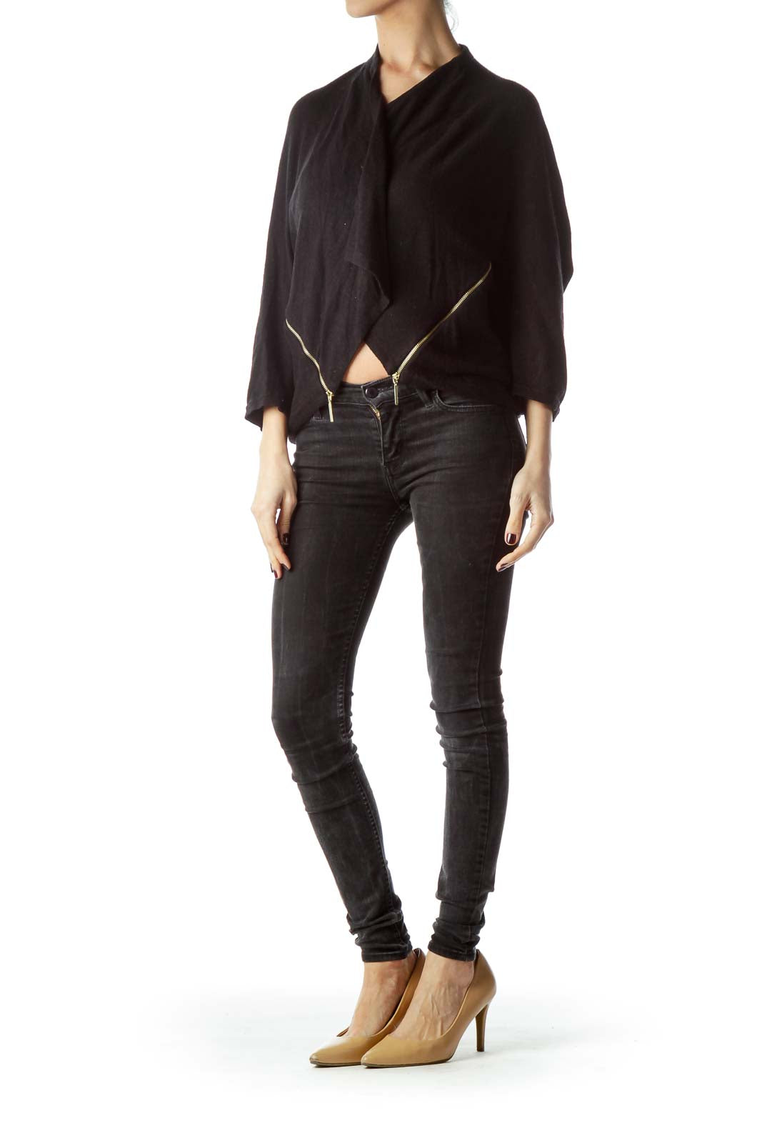 Black Knit Zipper Accents Waterfall Cardigan