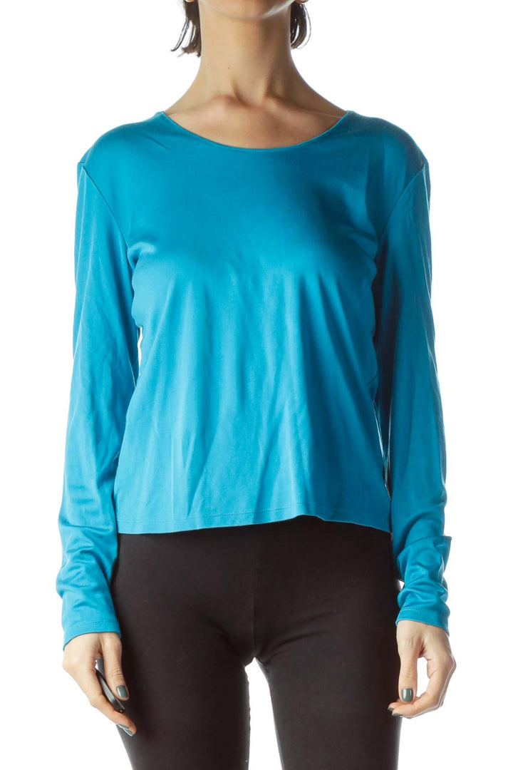 Teal Blue Cotton and Silk Long Sleeve Top